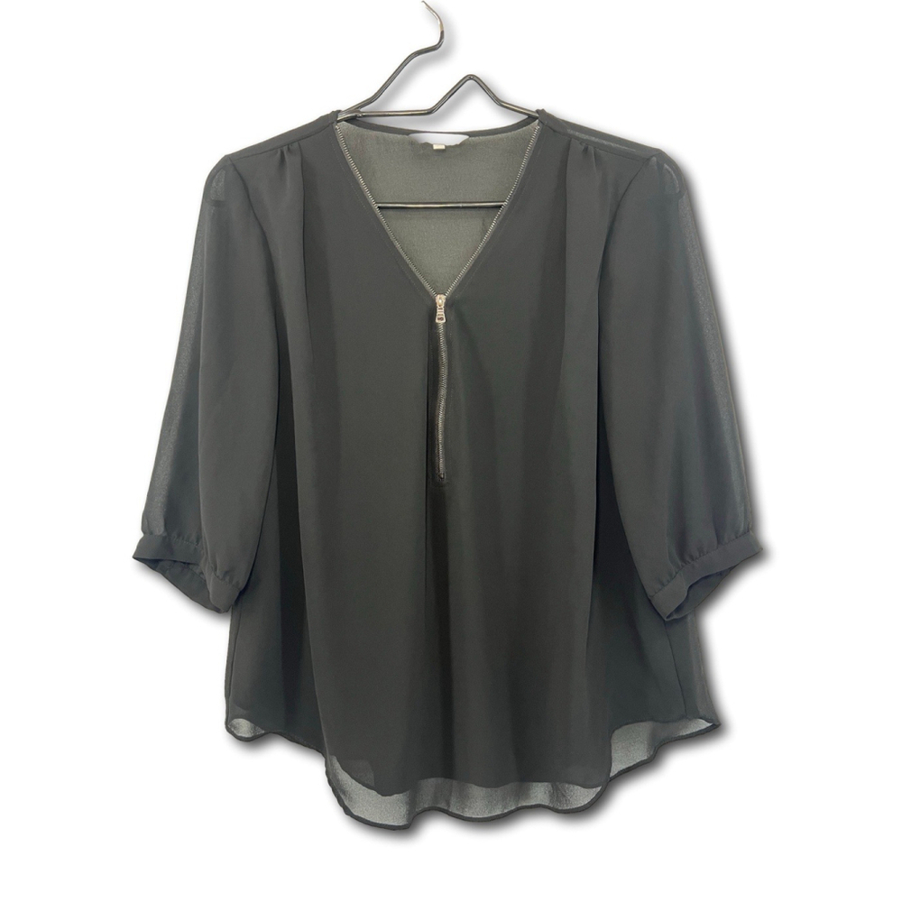 Naked Zebra Black Sheer Blouse V-neck Zipper 3/4 Sleeve Woman’s Size Large